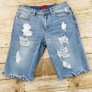Distressed Denim Bermuda Shorts